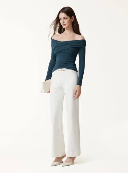 Surplice Long Sleeve Ruched Built-In Bra Top