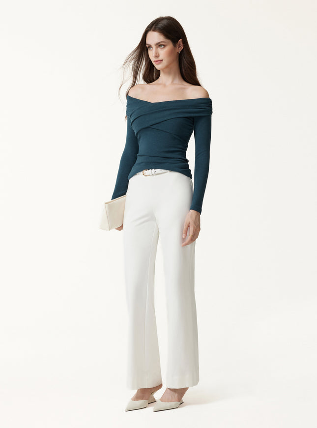 Surplice Long Sleeve Ruched Built-In Bra Top