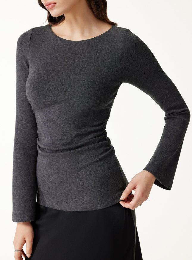 Round Neck Bell Sleeve Ruched Built-In Bra Top