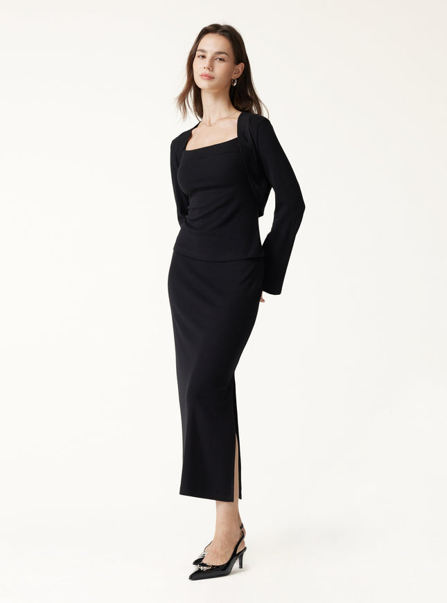 3Pcs Set Cardigan & Built-In Bra Cami & Side-Slit Column Midi Skirt