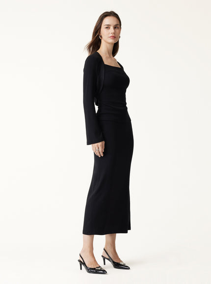 3Pcs Set Cardigan & Built-In Bra Cami & Side-Slit Column Midi Skirt