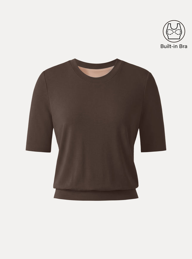 Lyocell Wool Crewneck Built-In Bra Top with Banded Hem
