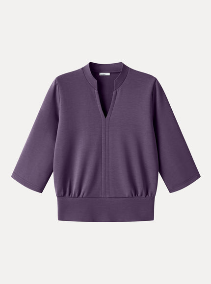Lyocell Spacer Knit V-Neck Elbow Sleeve Banded Top