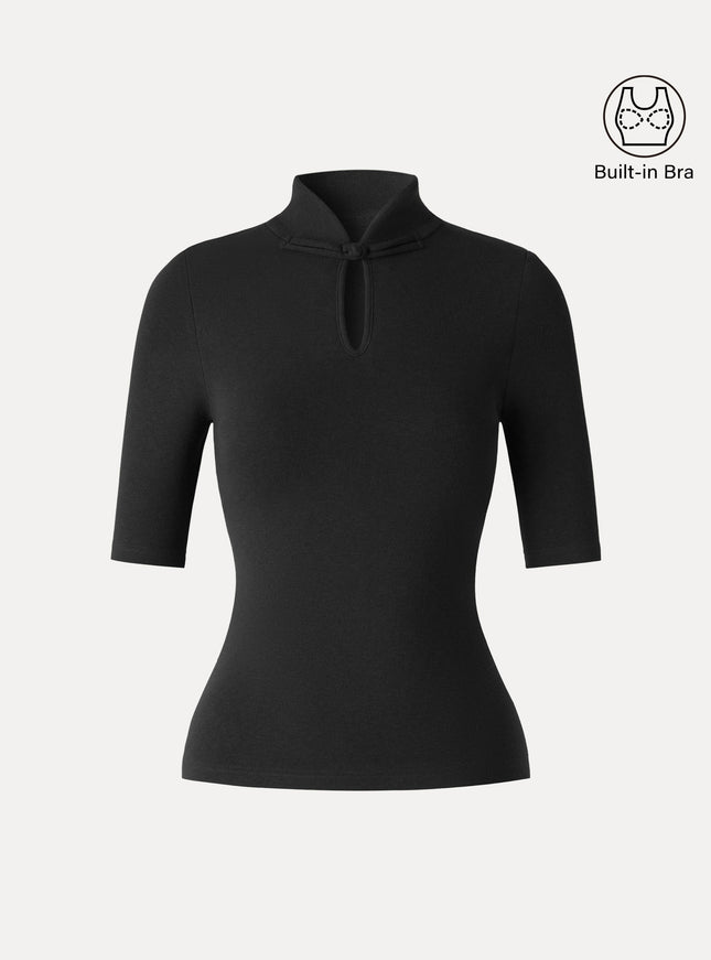 Teardrop Neck Elbow Sleeve Built-In Bra Top