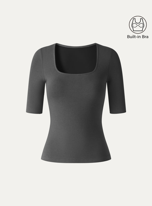 Square Neck Elbow Sleeve Built-In Bra Top