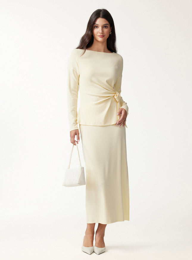 2Pcs Set Boatneck Long Sleeve Top & Mid-Rise Side-Slit Column Midi Skirt
