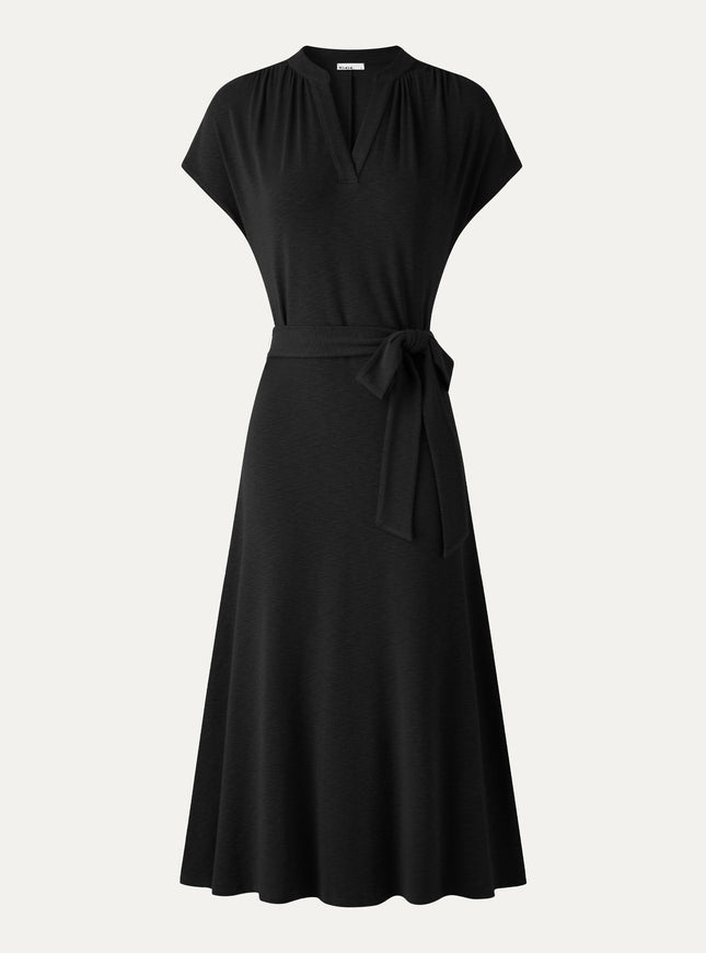 Neck Short Sleeve Belted Midi Dress
