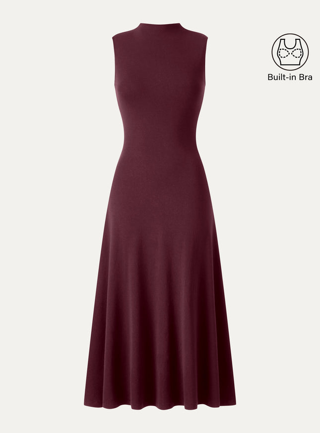 Mock Neck Sleeveless A-Line Midi Built-In Bra Dress