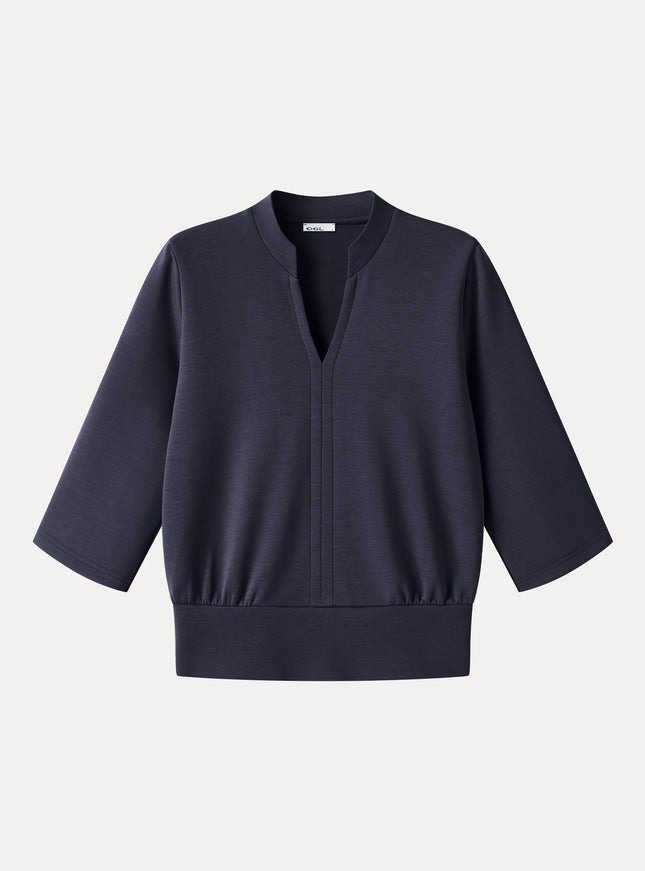 Lyocell Spacer Knit V-Neck Elbow Sleeve Banded Top