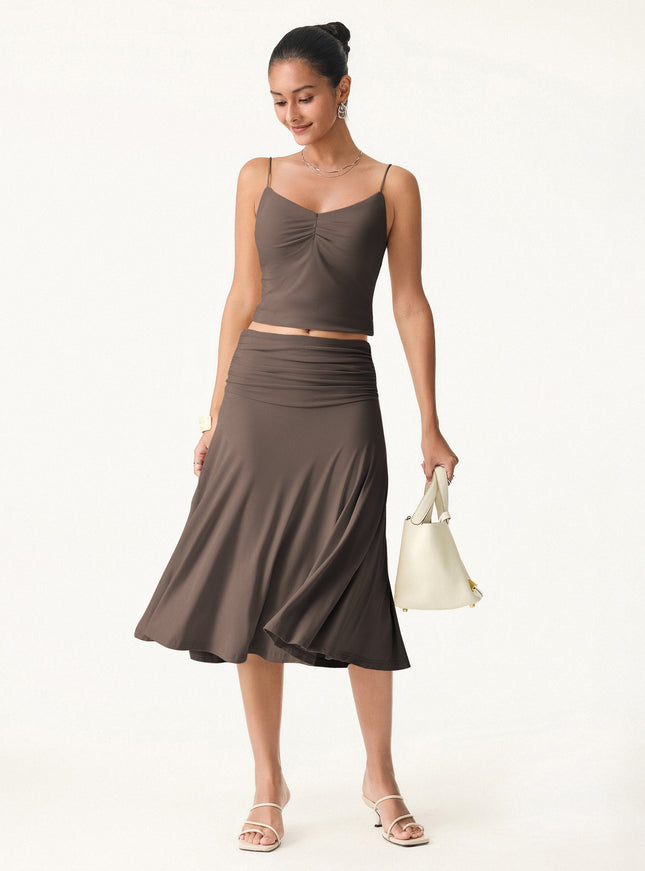 Flowy Side Ruched A-line Midi Skirt