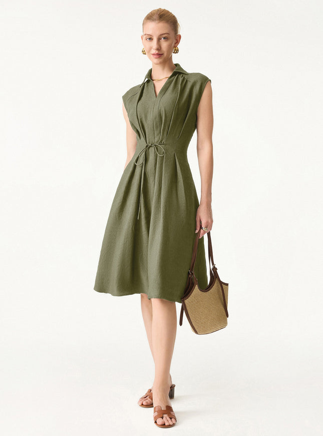 Viscose-Linen Collared V-neck Midi Dress with Drawstring