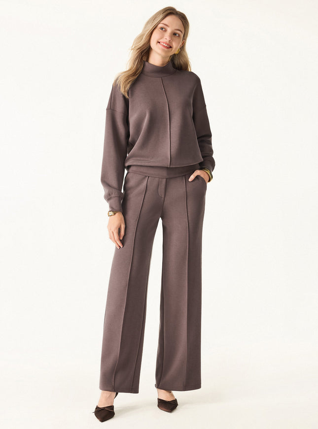 2Pcs Set Mockneck Pullover Shirt & Mid Rise Straight Leg Pants with Pockets