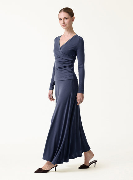 2Pcs Set Surplice Ruched Top & Blend Mid-Rise Umbrella Maxi Skirt