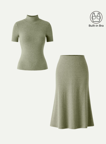 2Pcs Set Mockneck Built-In Bra Top & Pull-On Midi Skirt