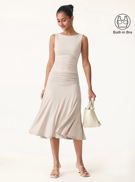 2Pcs Set Open Back Built-In Bra Tank & Side Ruched A-line Midi Skirt