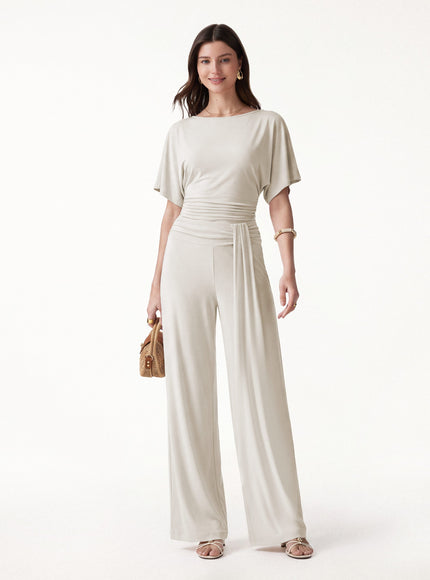 2Pcs Set Boatneck Batwing Sleeve Top & Mid-Rise Wide-Leg Lounge Pants