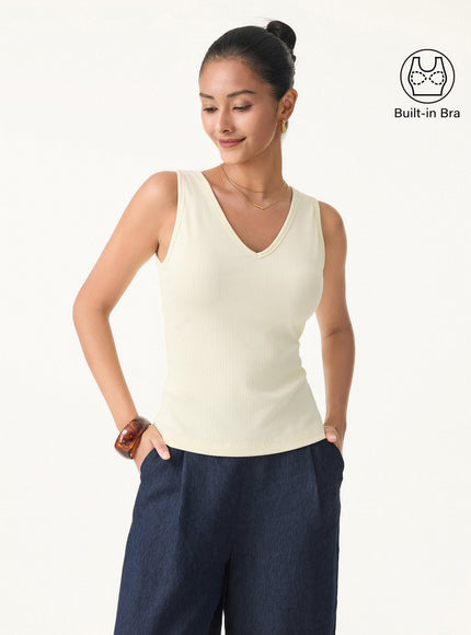 Stretch Cotton Pointelle V-neck Sleeveless Built-In Bra Tank