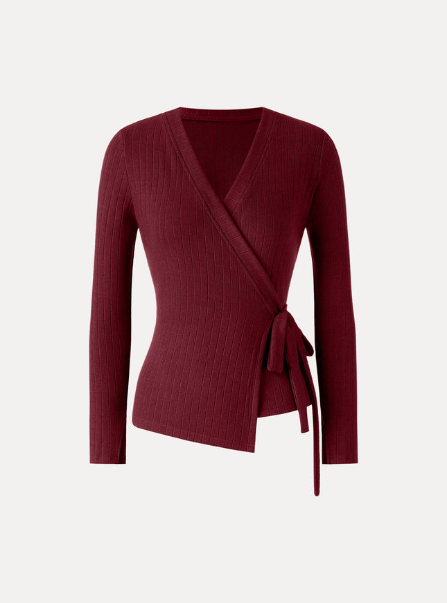 MaxWarm Wide Ribbed Crossover Long Sleeve Tie-Waist Top