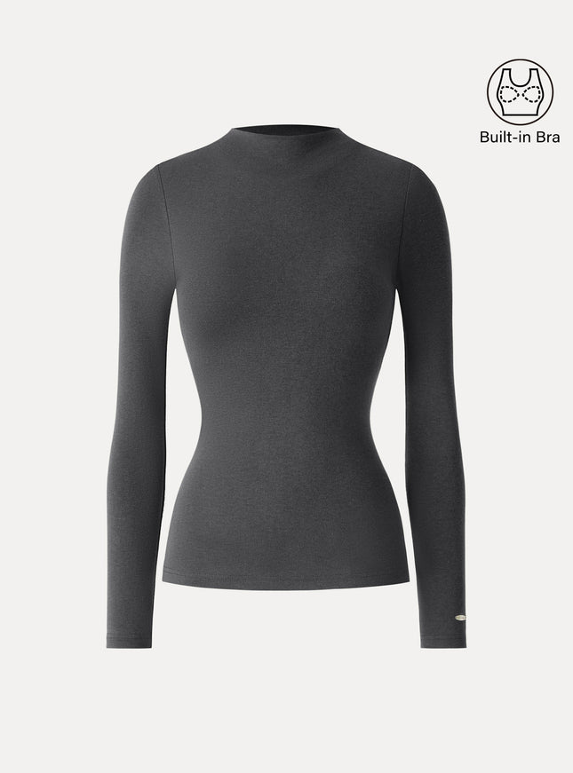 Mockneck Long Sleeve Built-In Bra Top - Forest Night