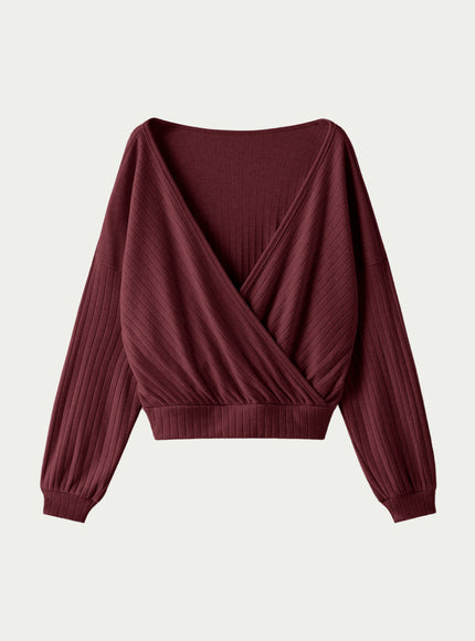 MaxWarm Wide Ribbed Crossover Long Sleeve Banded Hem Top