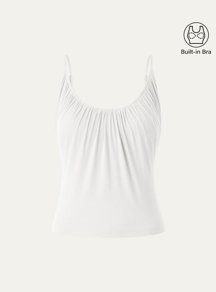 Scoop Neck Gathered Spaghetti Built-In Bra Tank