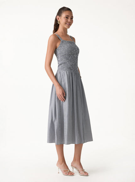 Striped Poplin Square Neck Smocked Midi Built-In Bra Dress