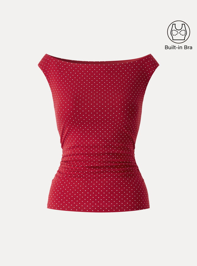 Stretch Cotton Polka Dot Boatneck Ruched Built-In Bra Top Limited Edition