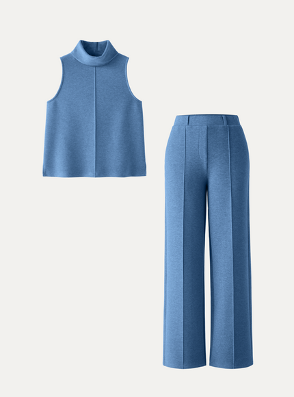 2Pcs Set Tall Turtle Neck Split Hem Top & High Waisted Warm Straight Leg Pull On Pant