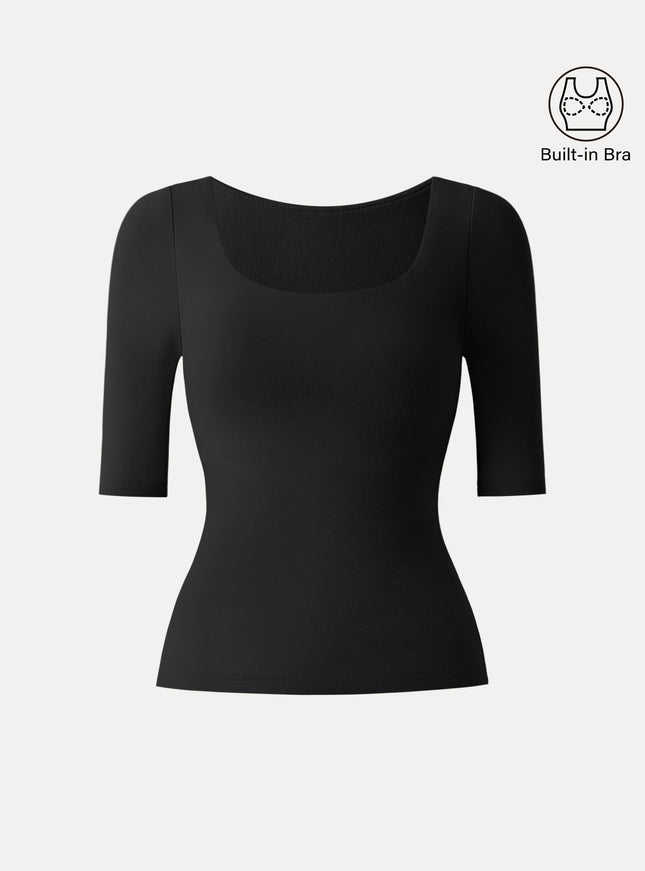 Essential Elbow Length Sleeve Square Neck Built-In Bra Tops