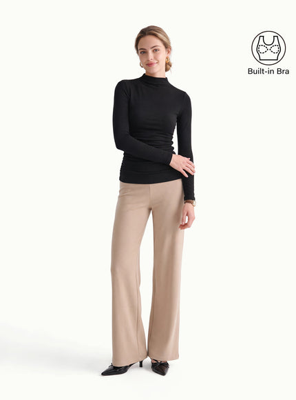Mock Neck Long Sleeve Ruched Built-In Bra Top