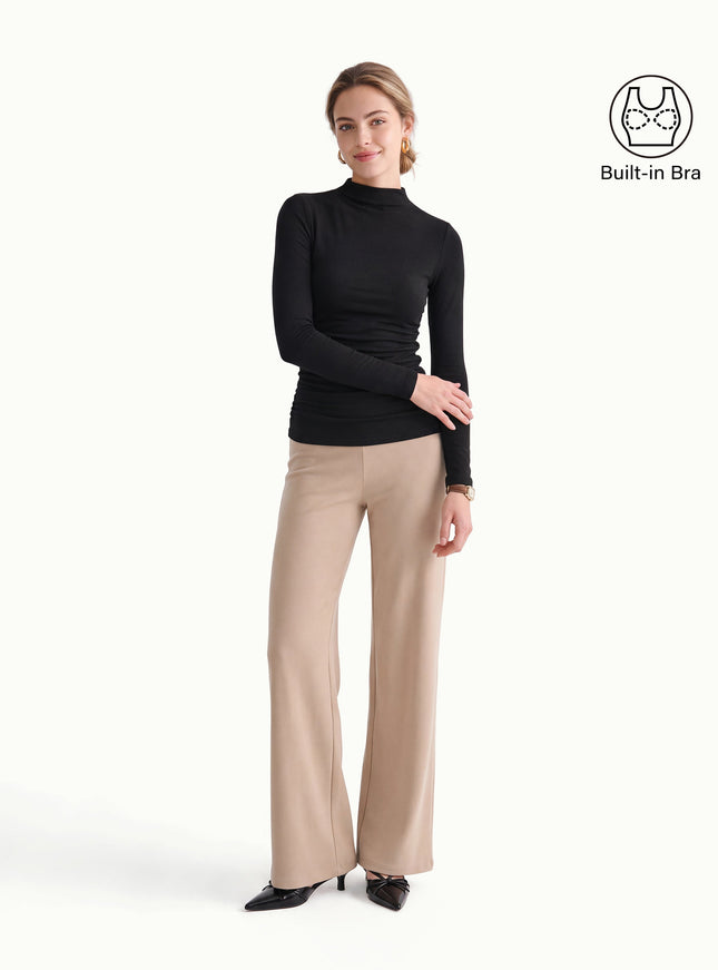 Mock Neck Long Sleeve Ruched Built-In Bra Top