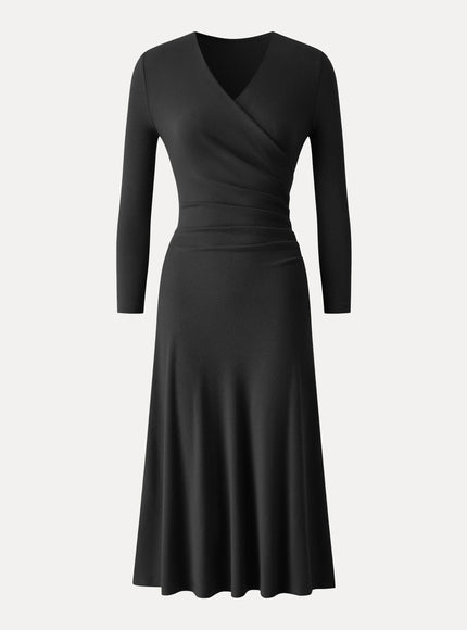 Surplice 3/4 Sleeve Side-Tuck Midi Dress