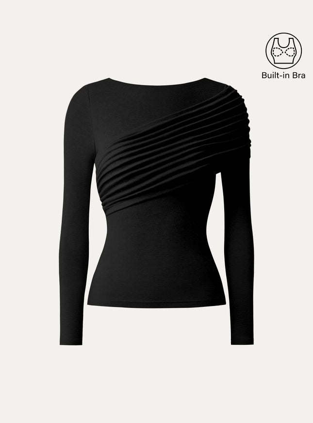 Boatneck Ruched Overlap Built-In Bra Top