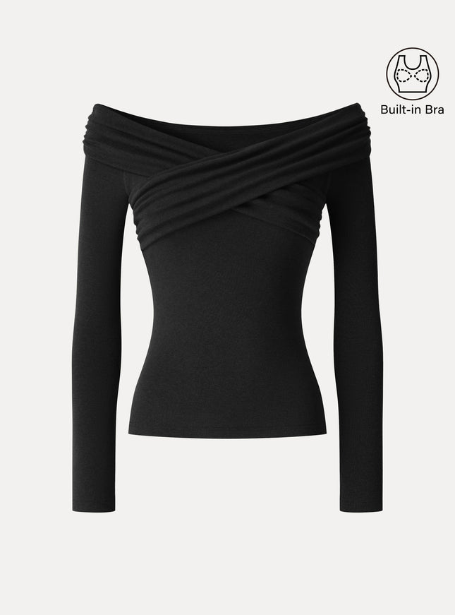 Surplice Long Sleeve Ruched Built-In Bra Top