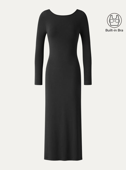 Boatneck Open-Back Midi Built-In Bra Dress