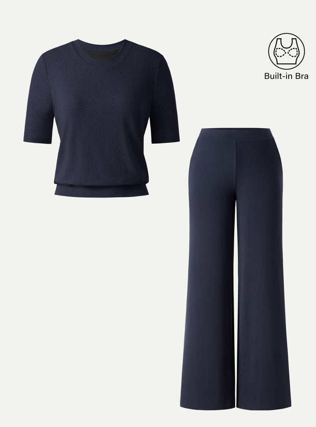 2Pcs Set Regular Mid Rise Wide Leg Pants & Crewneck Built-In Bra Top