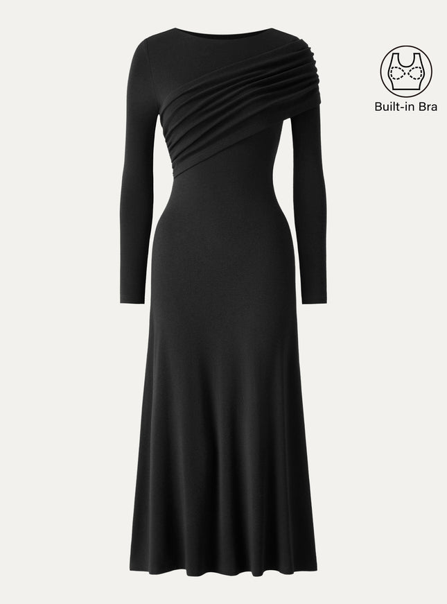 Boatneck Ruched A-Line Midi Built-In Bra Dress