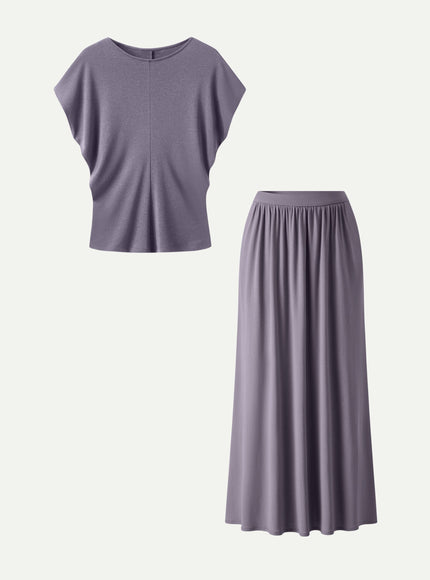 2Pcs Set Round Neck Top & A-Line Maxi Skirt with Pockets