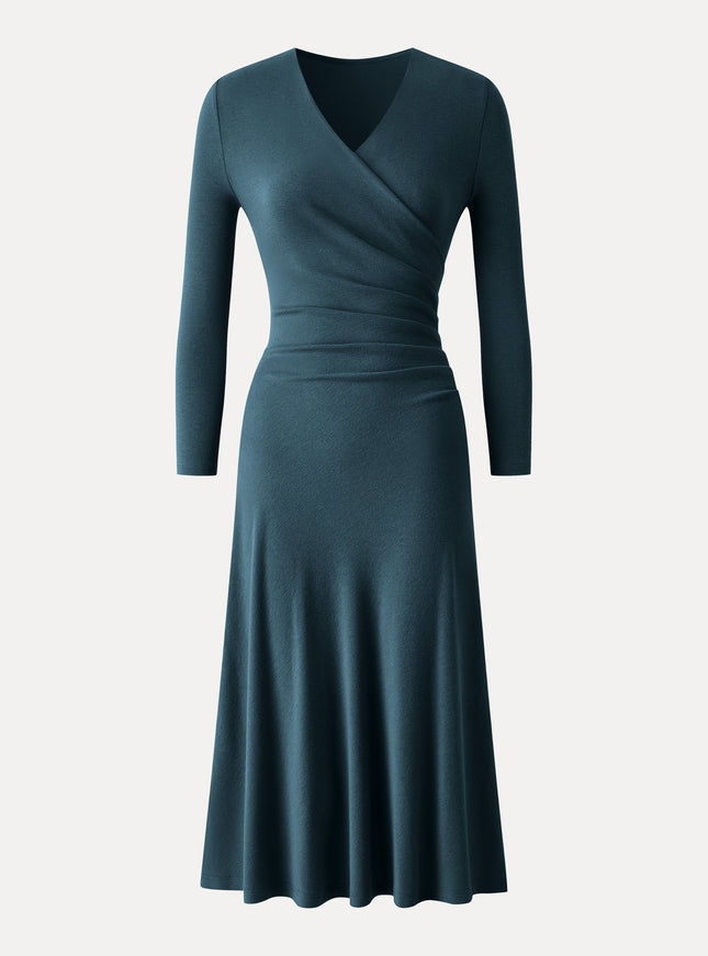 Surplice 3/4 Sleeve Side-Tuck Midi Dress