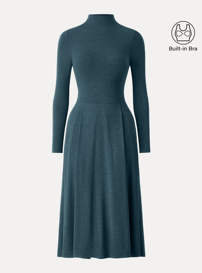 Mockneck Pleated Midi Built-In Bra Dress with Pockets