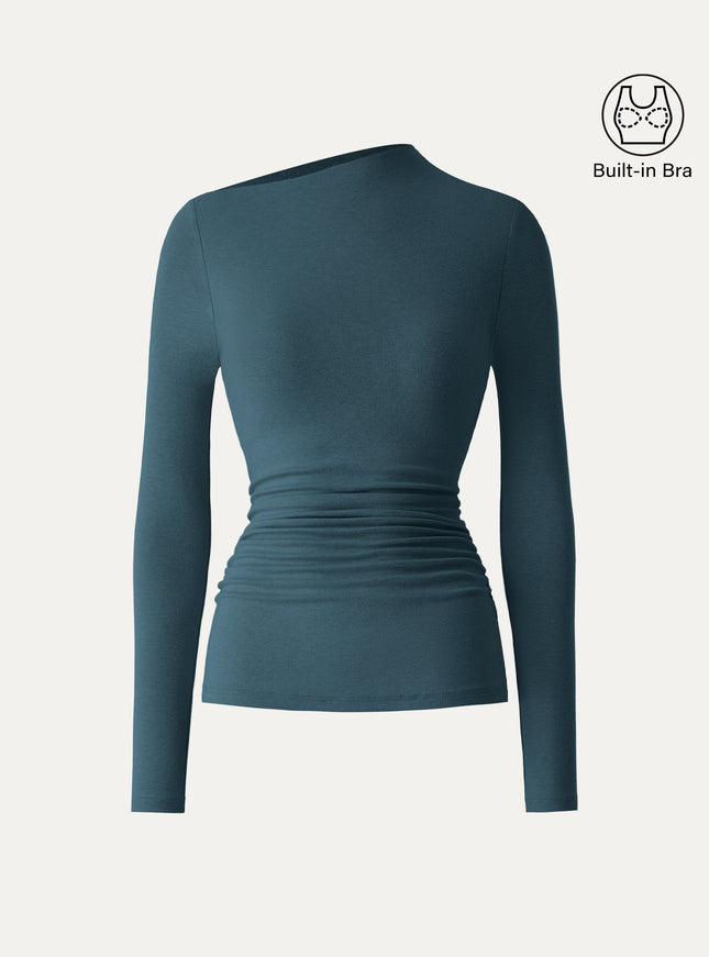 Slanted Mockneck Ruched Built-In Bra Top