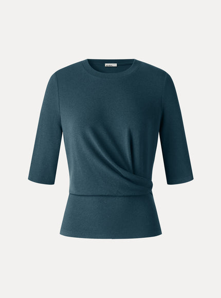 Round Neck Elbow Sleeve Side-Tuck Top