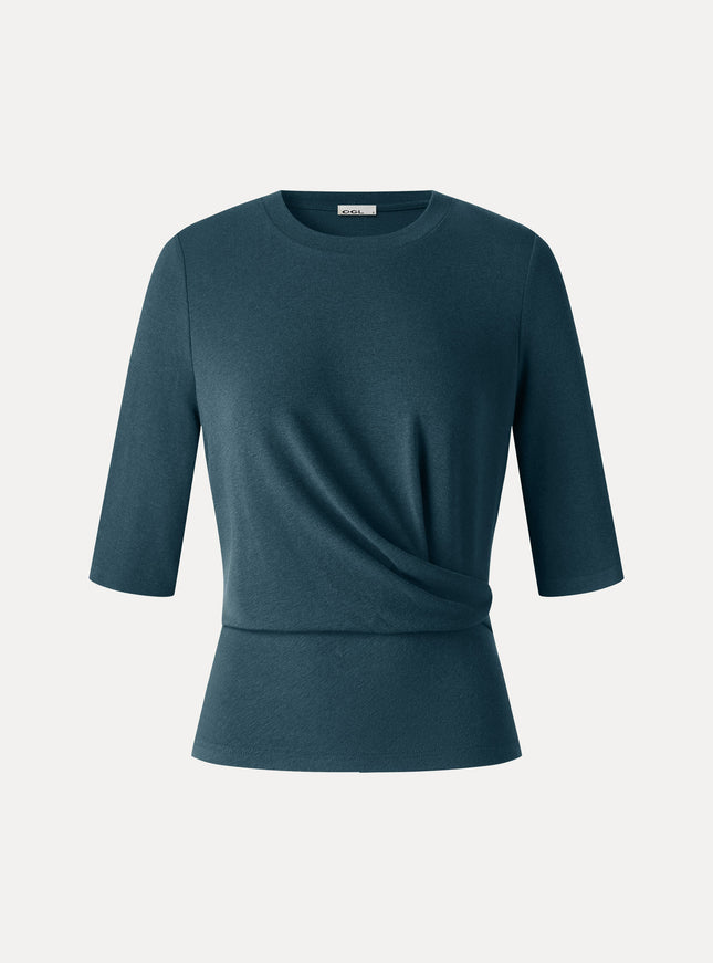 Round Neck Elbow Sleeve Side-Tuck Top