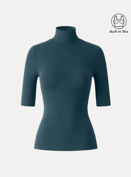 Essential Turtleneck Elbow Length Sleeve Built-In Bra Top - Midnight Navy