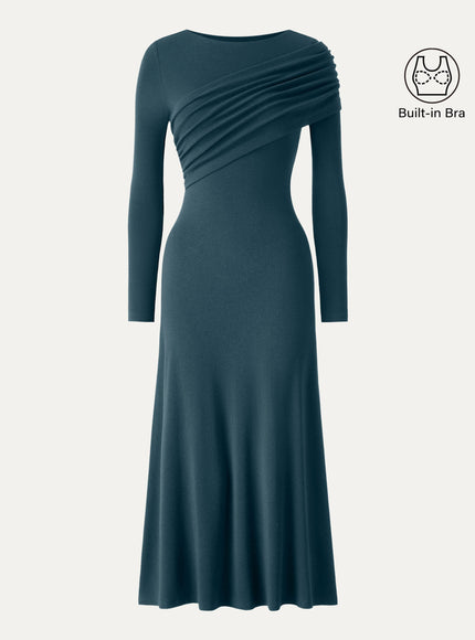 Boatneck Ruched A-Line Midi Built-In Bra Dress