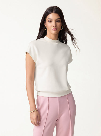 Modal Spacer Knit Mock Neck Cap Sleeve Banded Hem Top