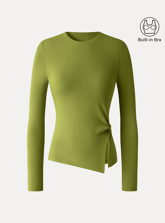 Round Neck Long Sleeve Twist-Hem Built-In Bra Top