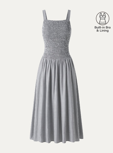 Striped Poplin Square Neck Smocked Midi Built-In Bra Dress