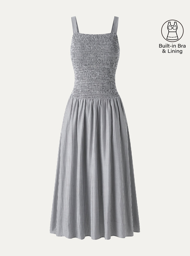 Striped Poplin Square Neck Smocked Midi Built-In Bra Dress