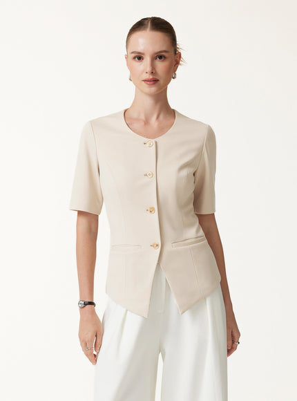 Ponte Office Round Neck Elbow Sleeve Jacket with Pockets